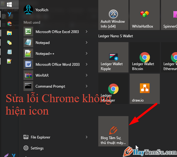 sửa lỗi chrome không hiện icon ở start menu